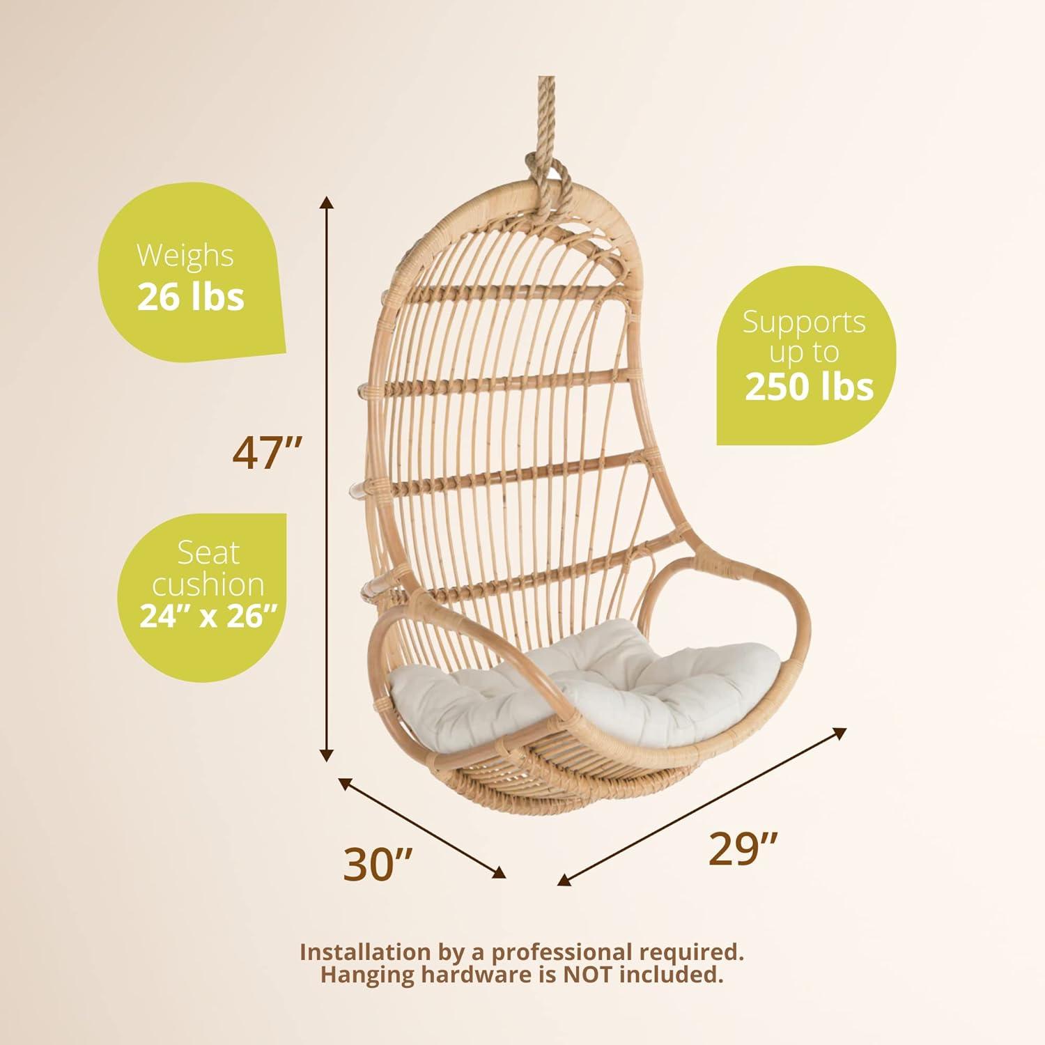 KOUBOO Hanging Rattan Swing Chair with Seat Cushion, Handwoven Natural Rattan Chair, Coastal Home Decor Furniture for Bedroom, Living Room, & Sun Room, Natural