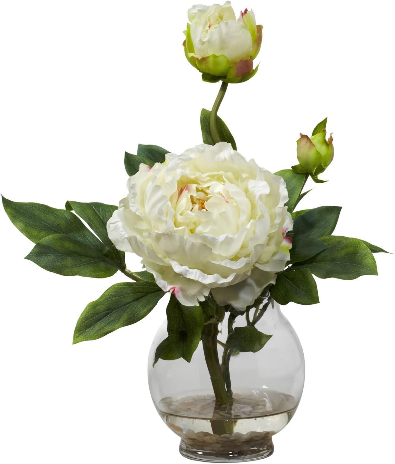 Nearly Natural Peony Artificial Flower Arrangement with Fluted Vase, White