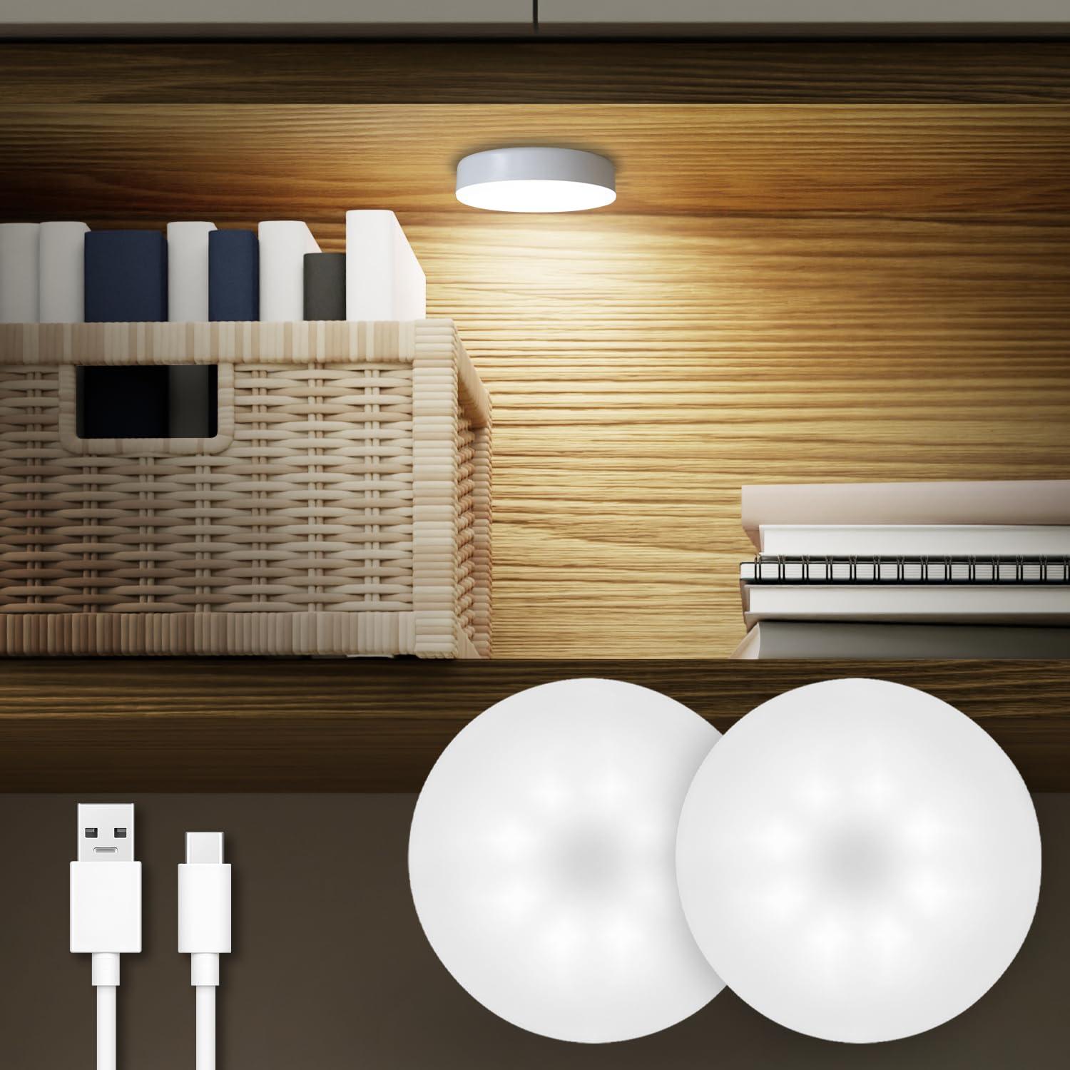 Rechargeable Puck Lights 2 Pack, Dimmable Touch Light Stick on for Closet, Magnetic Tap Light 1000mAh Battery Powered, Portable Led Light Cool White for Locker, Cabinet, Bedside, Kitchen
