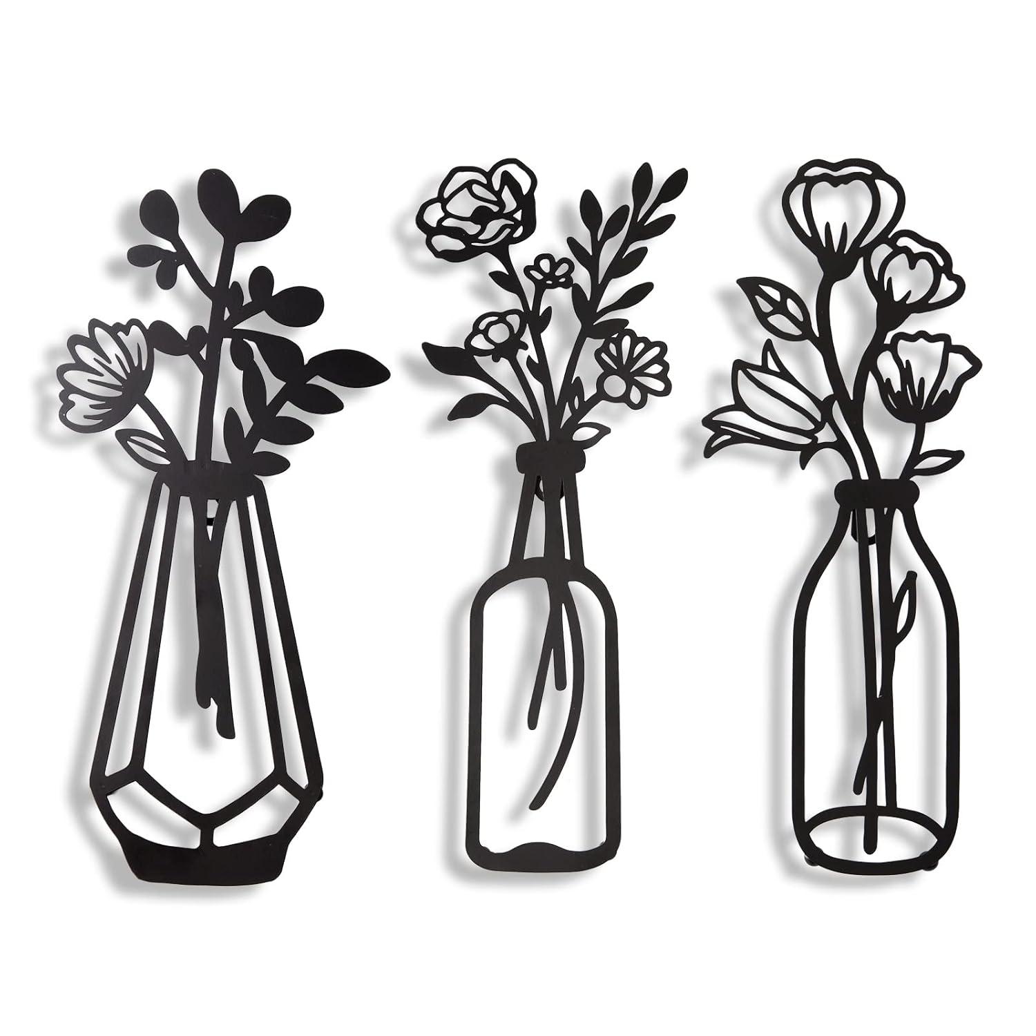 3 Pieces Black Metal Flowers Wall Decor Vase Art Sculptures Hanging for Indoor Kitchen Bathroom Dining Room Patio, 14.56x7.48 Inches