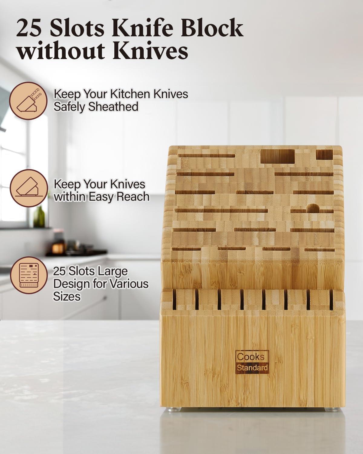 Cooks Standard Bamboo Knife Block Holder without Knives, 25 Slot X-Large Universal Countertop Butcher Block Kitchen Knife Stand for Easy Kitchen Storage