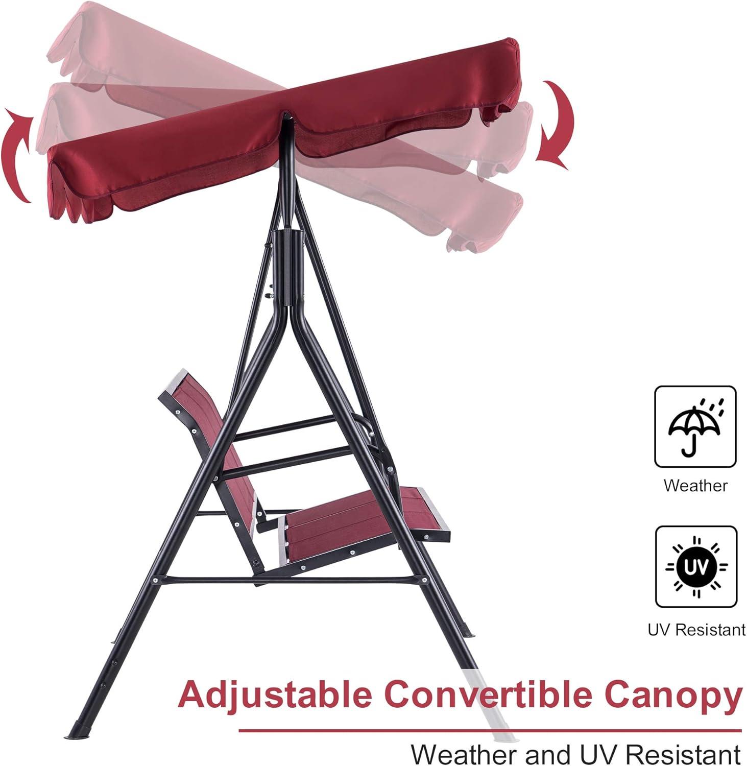 Burgundy Steel Frame 3-Person Outdoor Patio Swing Chair with Canopy