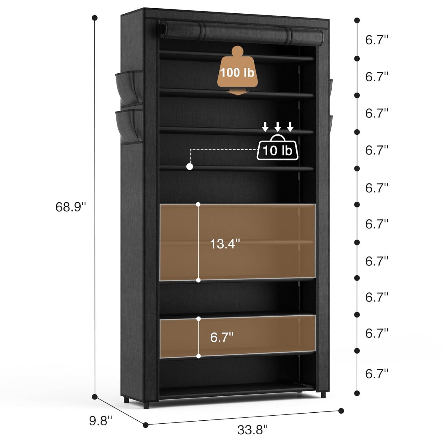 ROJASOP 10 Tier Shoe Rack with Covers,Large Capacity Stackable Tall Shoe Shelf Storage to 50-55 Pairs Shoes and Boots Sturdy Metal Free Standing Shoe Rack Organizer for Closet Entryway Garage