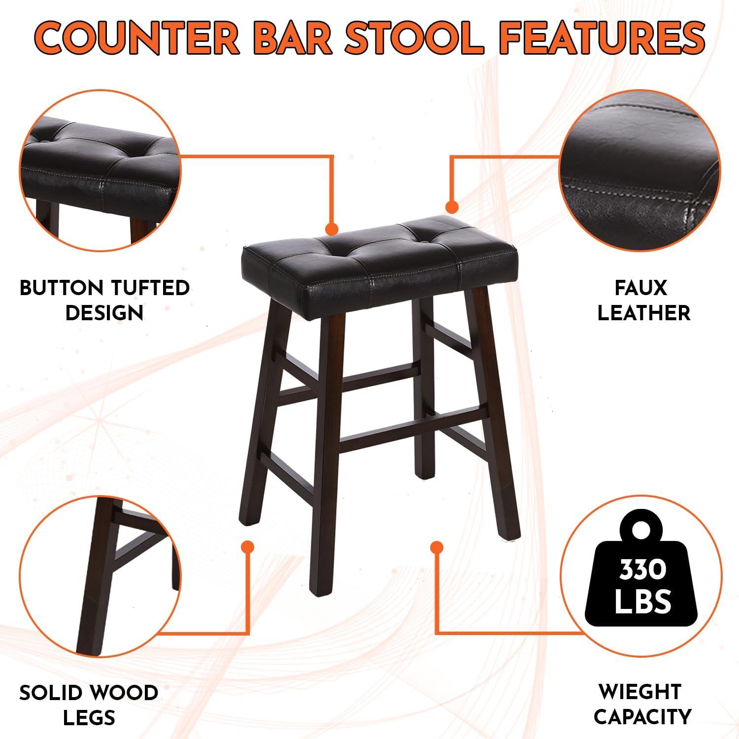 Legacy Decor 2 Counter Bar Stool Set - 24" High Dark Espresso Barstools with Wrapped Bonded Faux Leather Seat - Solid Wood Modern Countertop Stools - Ideal for Kitchen Island & Bar Areas
