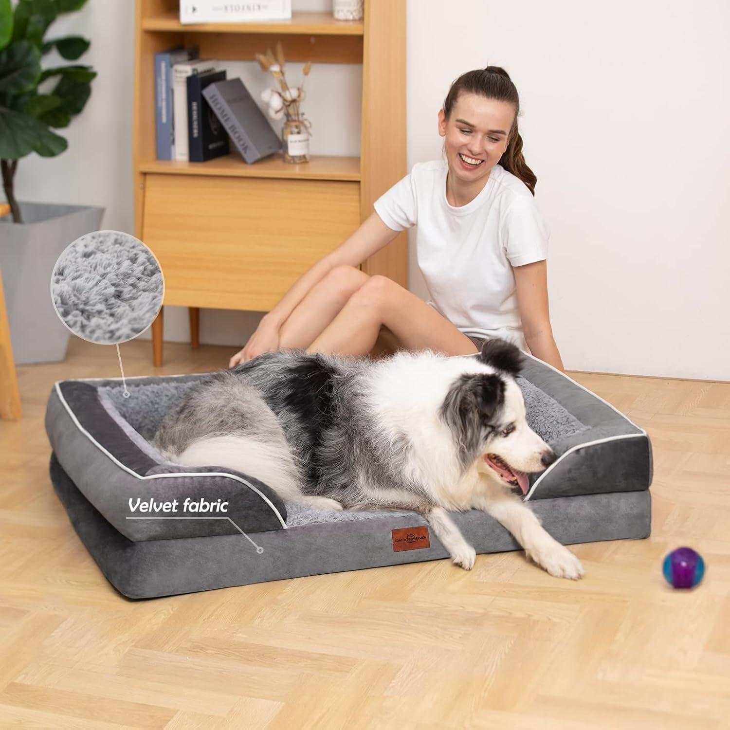 XXL Gray Orthopedic Waterproof Dog Bed with Bolster