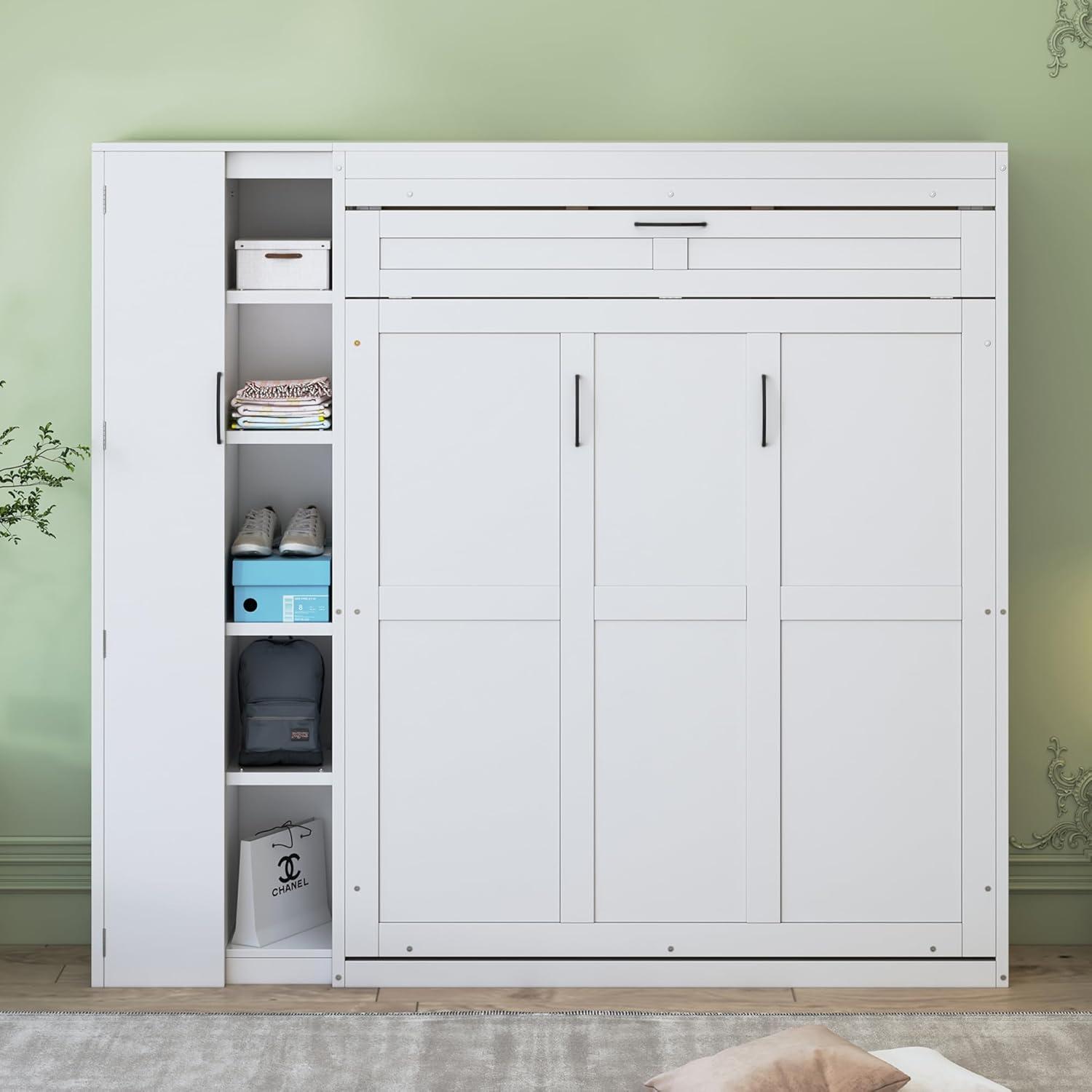 P PURLOVE Murphy Bed Full, Wood Wall Bed with Shelves, Wardrobe and LED Lights, No Box Spring Needed (Gray)