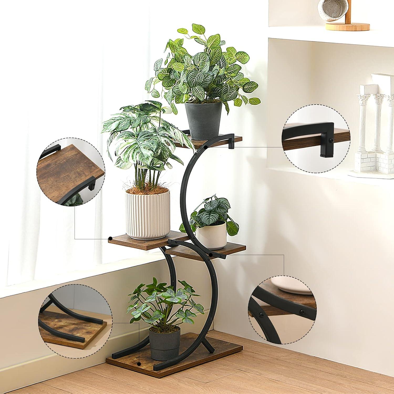 Black Iron and Wood 4-Tier Indoor Plant Stand