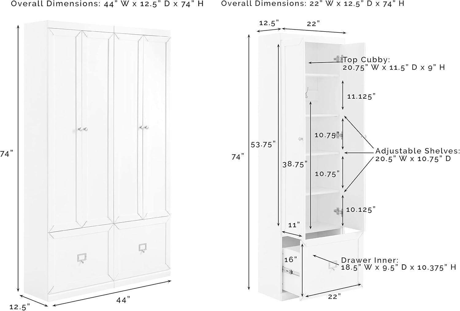 2pc Harper Entryway Pantry Closets White - Crosley: Modular Storage, Adjustable Shelves, MDF Wood