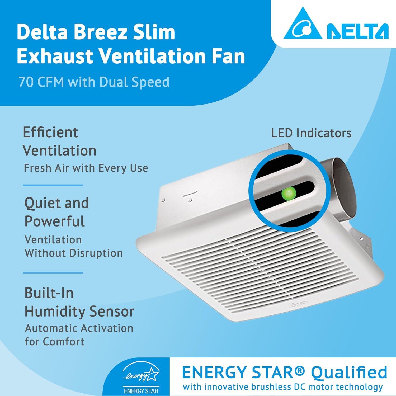 Delta Breez Slim Ventilation Exhaust Bathroom Fan 70 CFM Energy Efficient Quiet Operation Motor with Dual Speed and LED Indicator Light, White