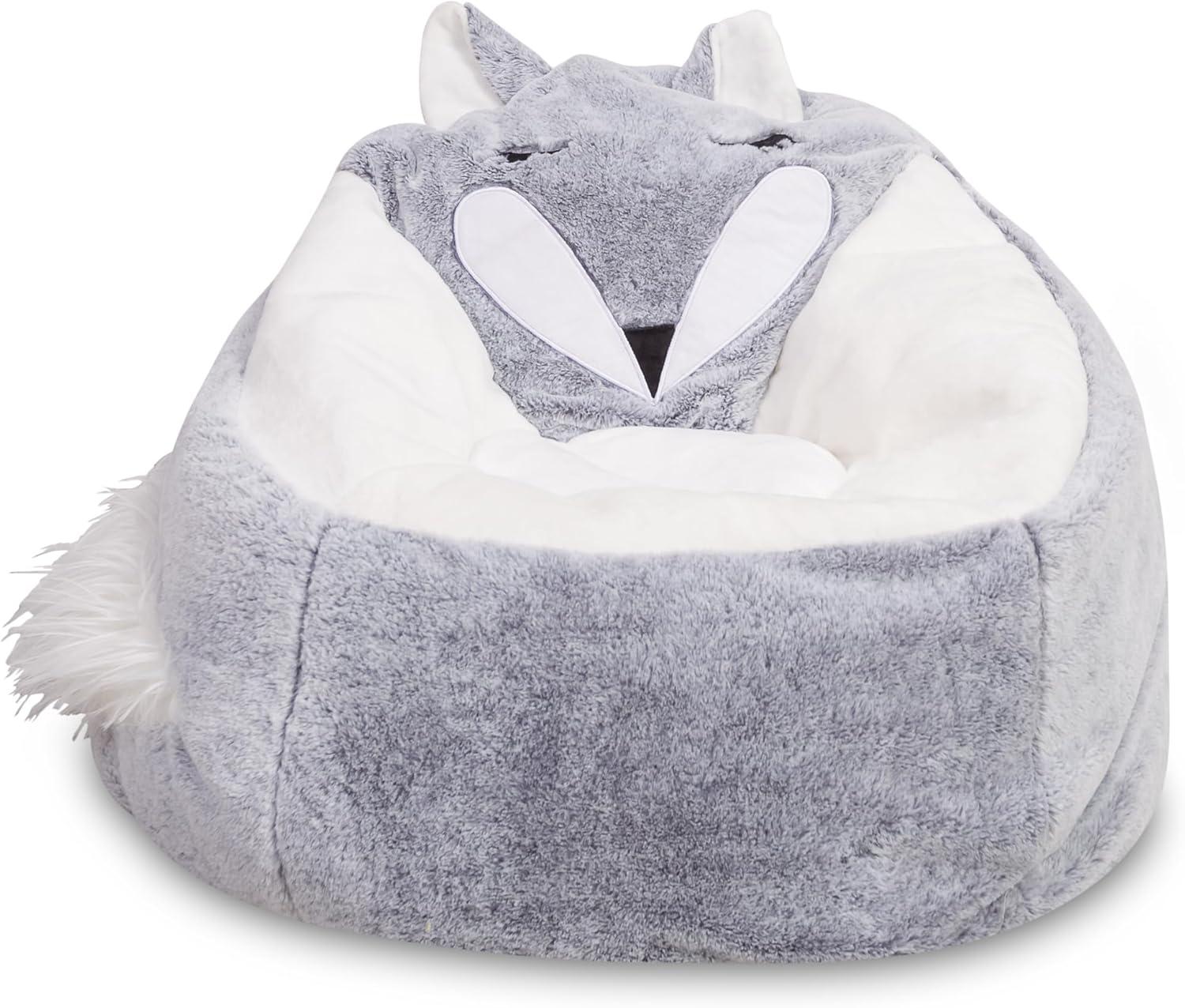 Posh Creations Cute Soft Bean Bag Chair for Kids, Furry, 2.5ft, Large, Animal - Silver Fox