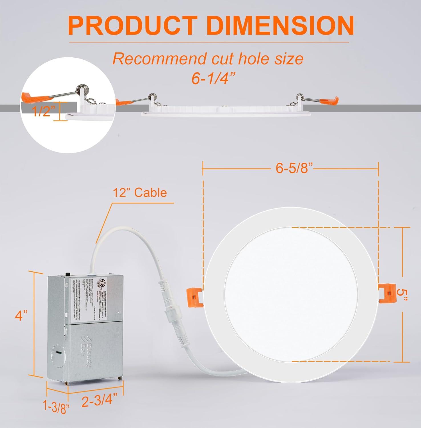 DAMINY 12 Pack 6 Inch LED Recessed Lighting with Junction Box,5Cct,Ultra-Thin Recessed Light,12W 1080Lm, Dimmable Canless Wafer Ceiling Light, High Brightness - ETL