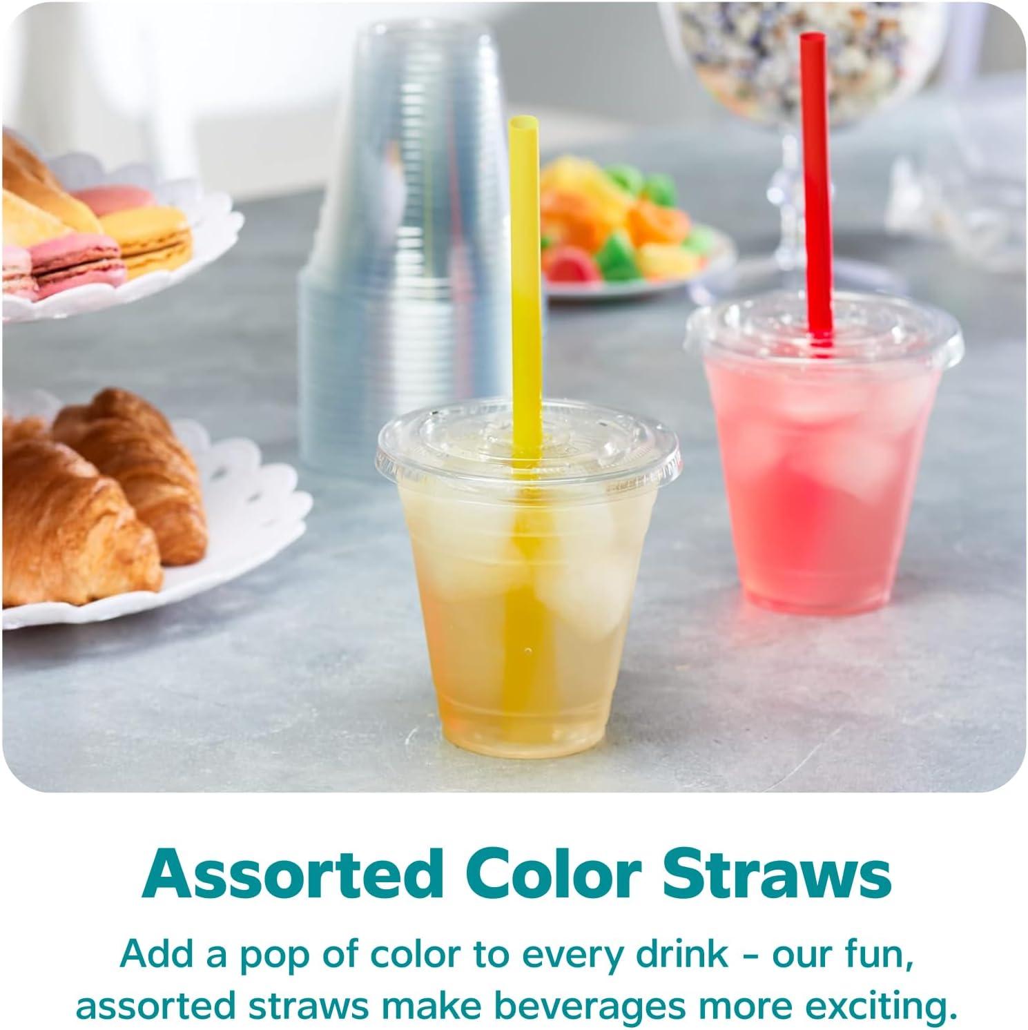 GUSTO 12 oz Clear Plastic Cups with Flat Lids & Straws for Coffee, Slushie, Milkshakes, 100-Pack