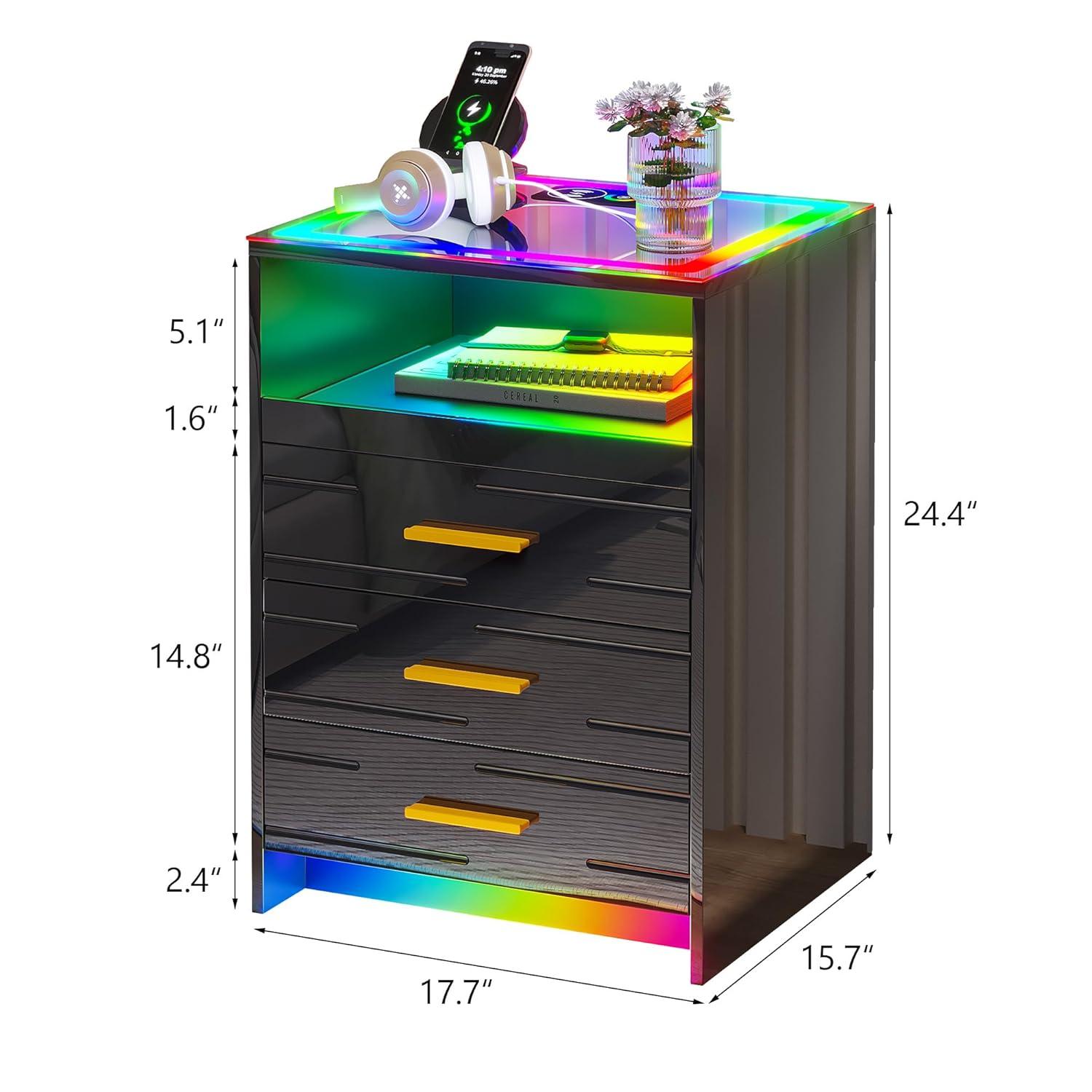 HNEBC Smart LED Nightstand with Wireless Charging & USB Ports, High Glossy Night Stand with 3 Drawers and 1 Pull-Out Tray, Modern Bedside Table with Human Sensor for Bedroom (White)