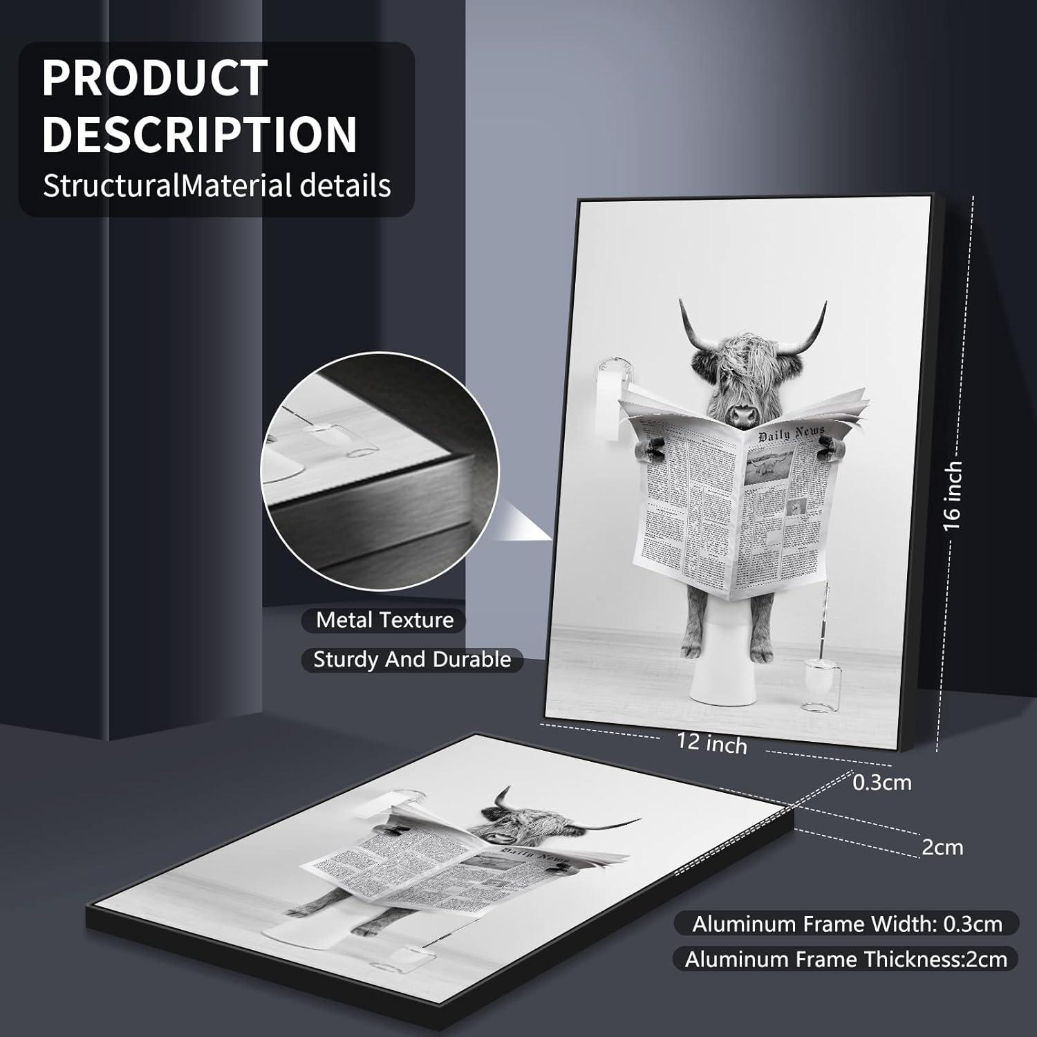 Modern Black Framed Highland Cow Wall Art Minimalist Bathroom Wall Decor Cute Funny Animals Artwork Canvas Prints Ready to Hang for Guest Bathroom, Hotel, Condo, Kids Bathroom, 12”x16”