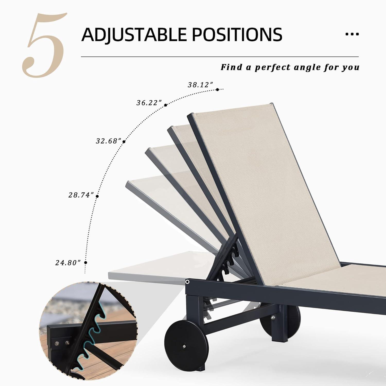 PURPLE LEAF Outdoor Chaise Lounge with Wheels for Outside 2 Pieces Aluminum Patio Lounge Chair with 5 Adjustable Position Recliner for Patio, Beach, Yard, Pool, Side Table Included, Beige