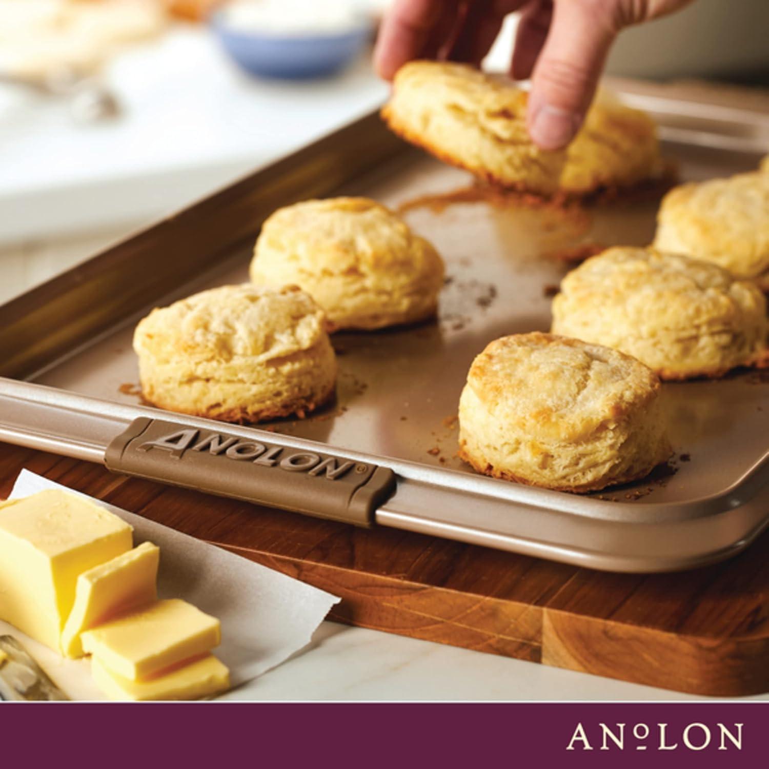 Anolon Bakeware with Silicone Grips 2pc 10"x15" Cookie Pan and 11"x17" Cookie Pan Bronze