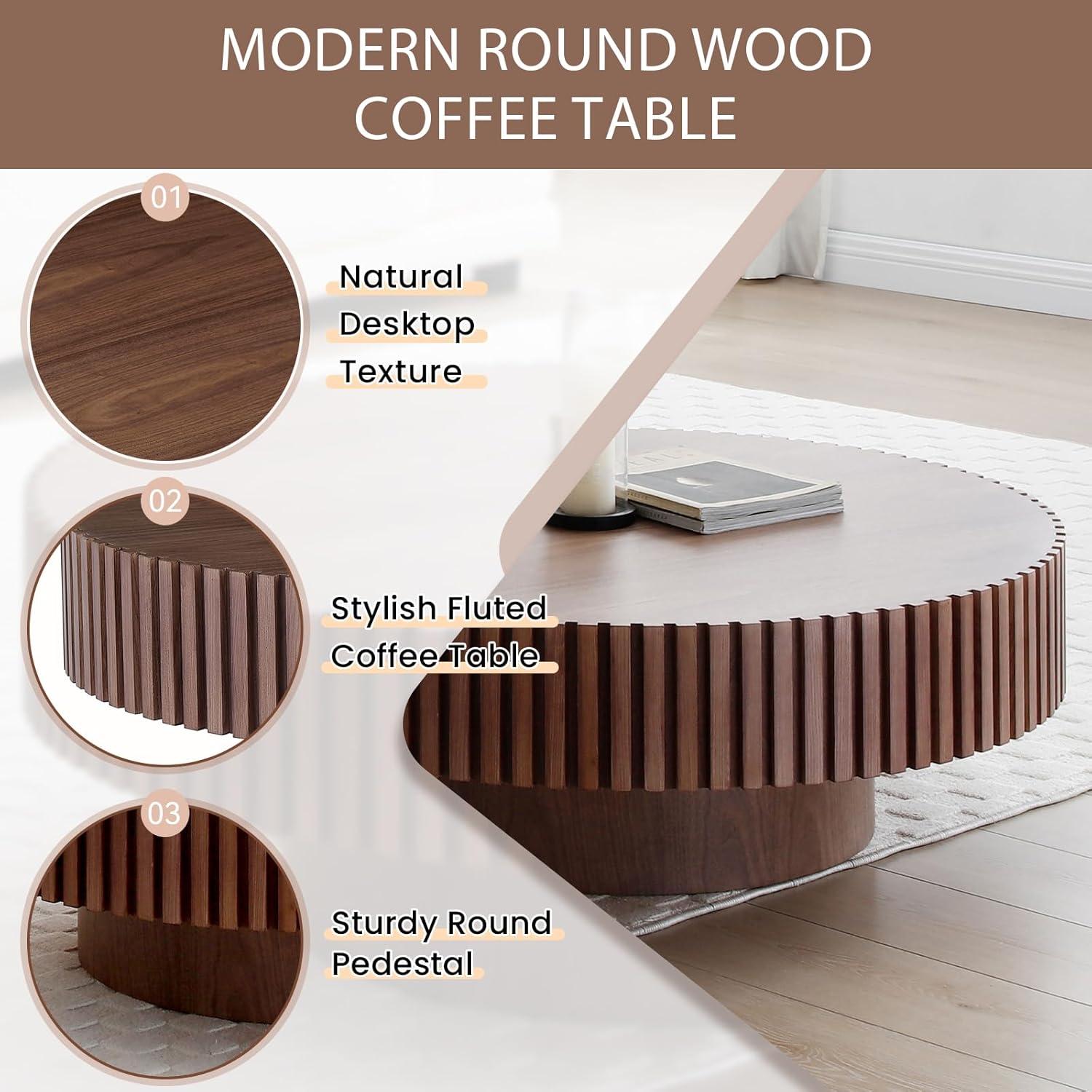31.49'' Round Coffee Table, Wood End Table for Living Room, Modern Contemporary Circle Fluted Drum Side Table, Easy Assembly for Small Space, Walnut
