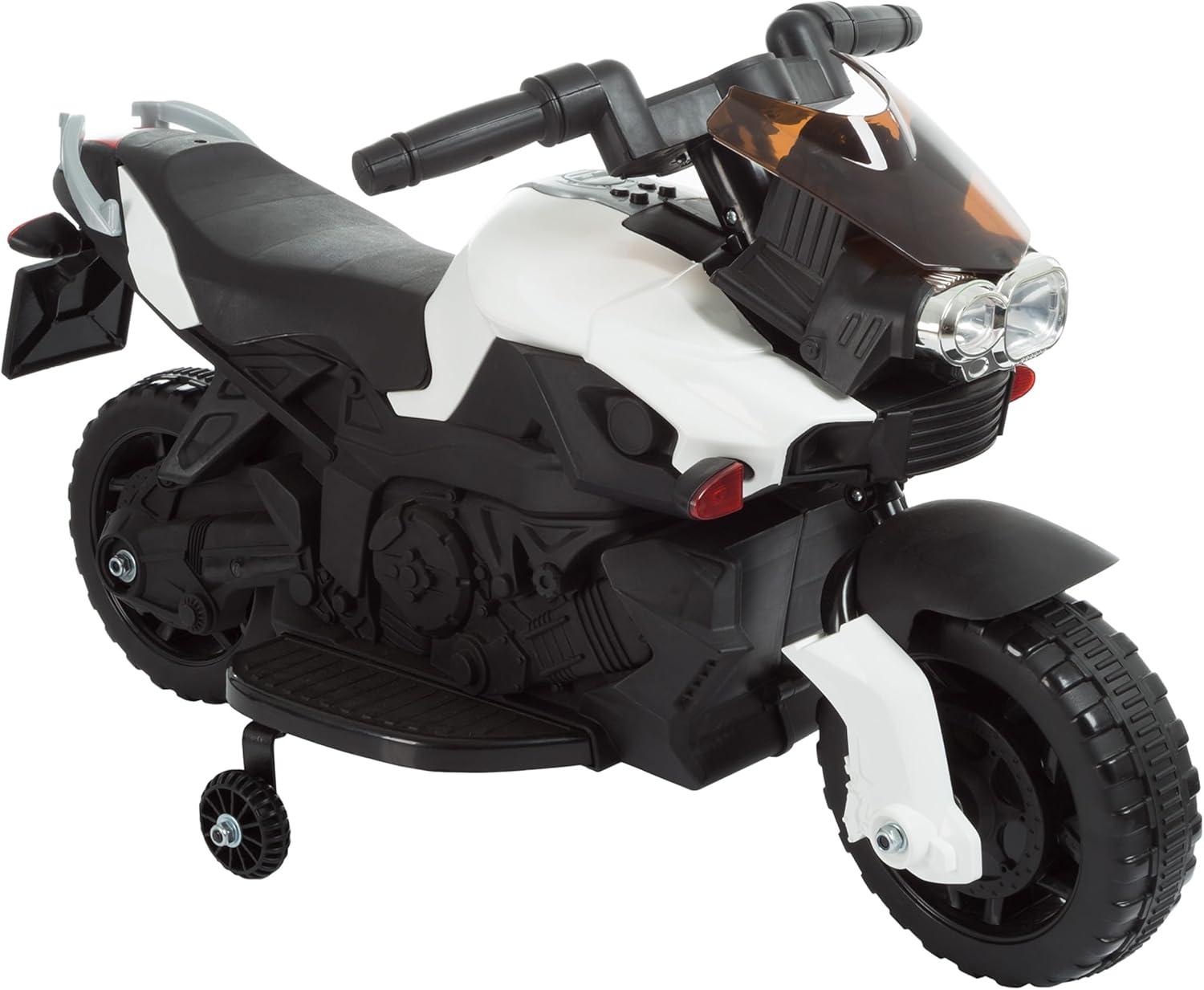 Toy Time Kids Motorcycle - Electric Ride-On with Training Wheels and Reverse Function - White and Black