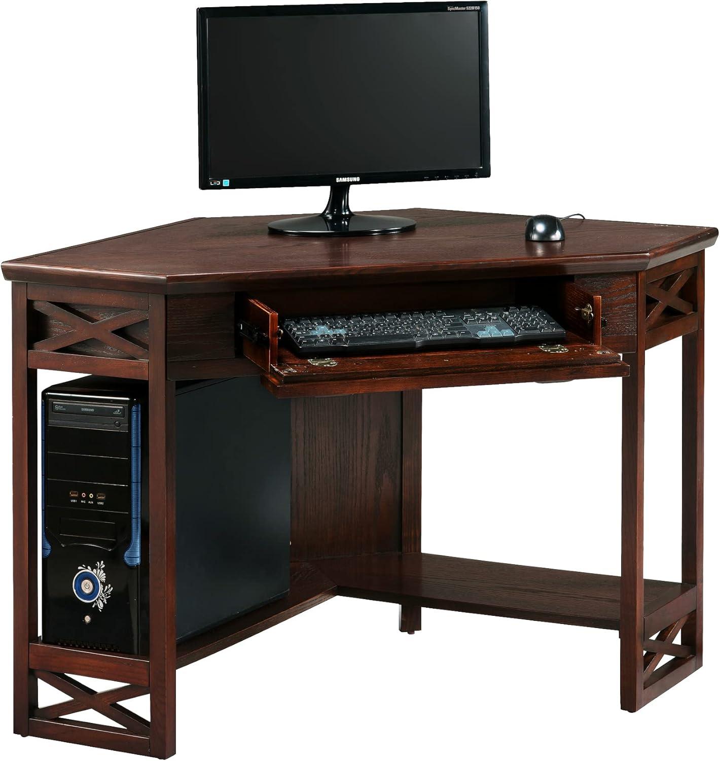 Leick Home 81430 Corner Computer/Writing Desk with Drawer and Shelf, Made with Solid Wood, Chocolate Oak