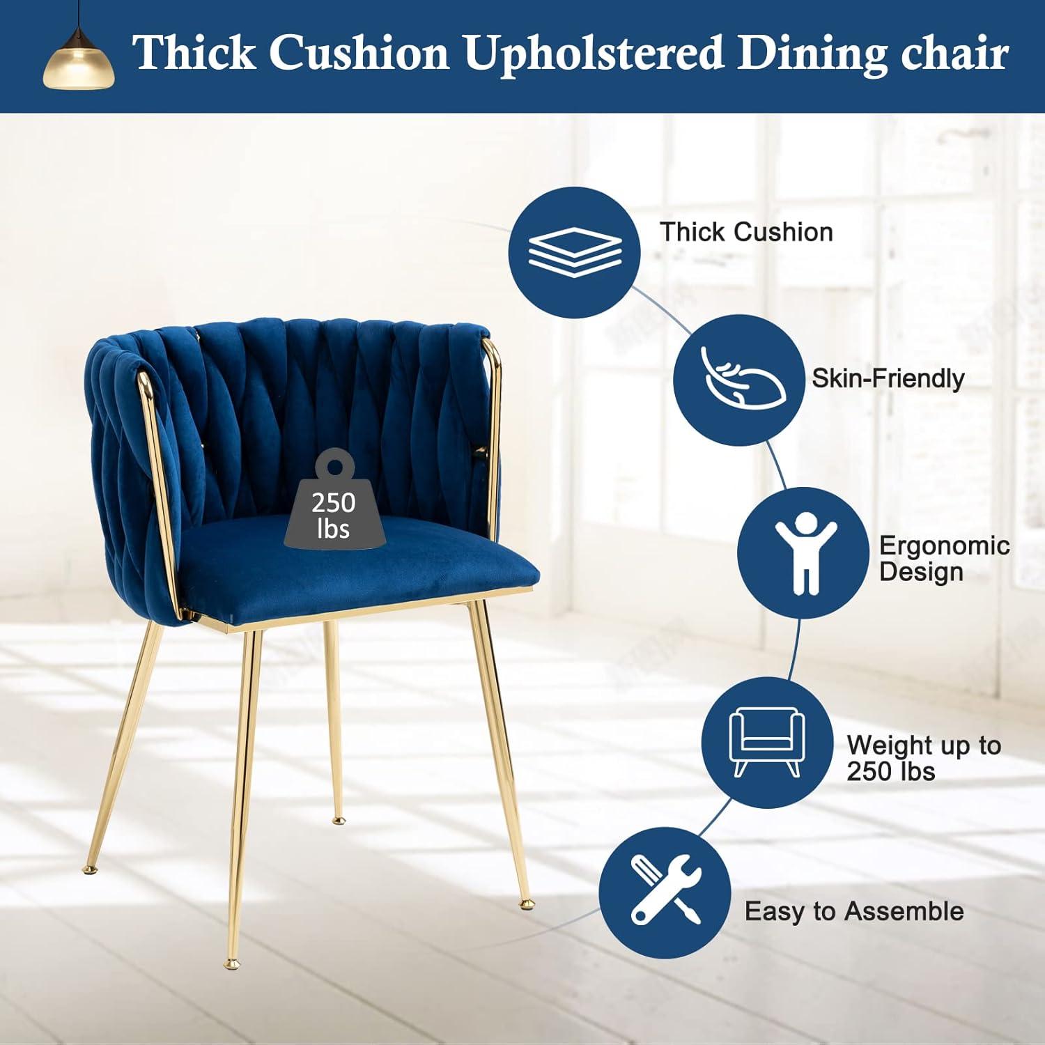 Mercer41 Dining Chairs Set of 2, Woven Upholstered Dining Chairs with Gold Metal Legs(Navy Velvet)