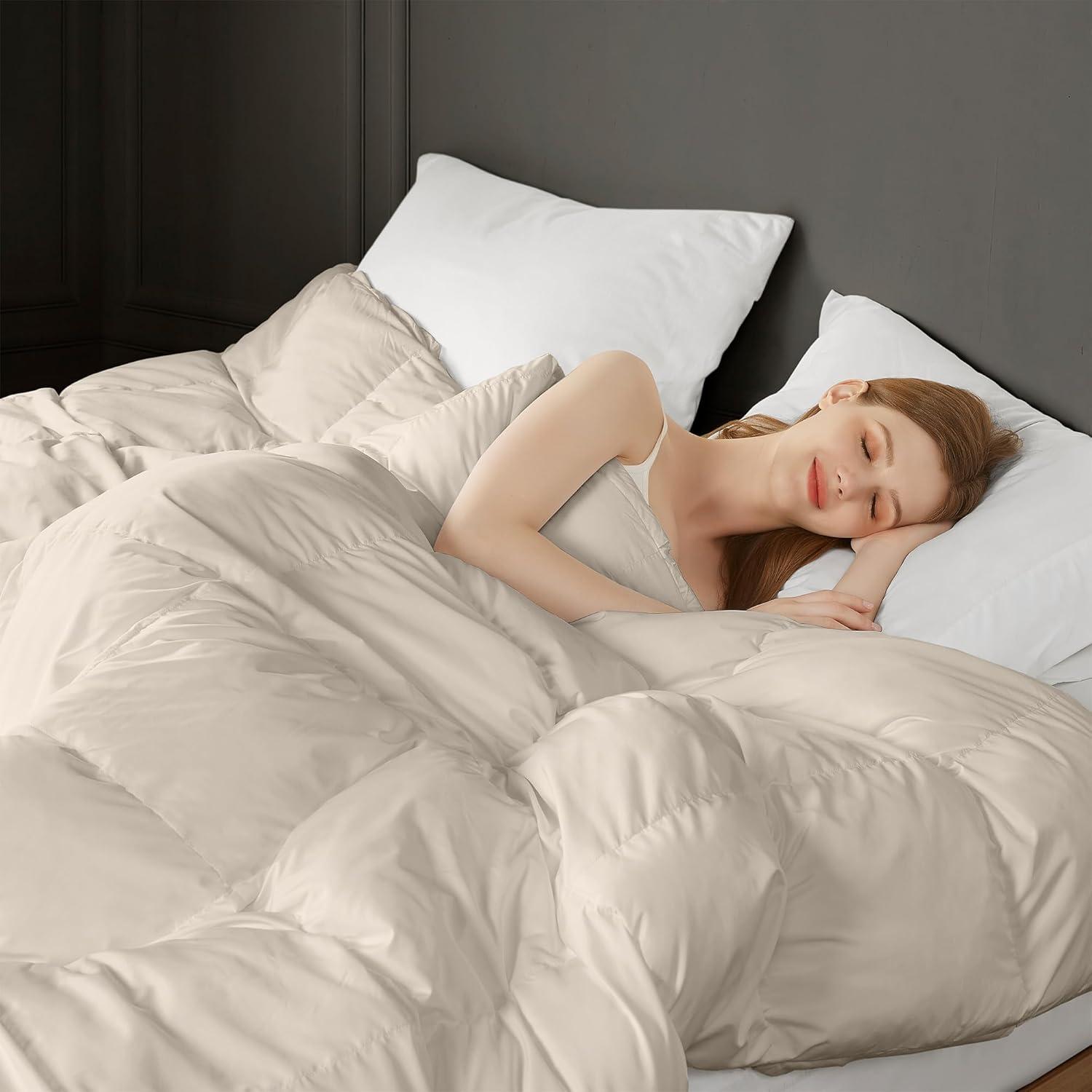 Madison Park Full/Queen Stay Puffed Overfilled Down Alternative Comforter Tan: Ultimate Textile, Cooling, Microfiber Duvet Insert