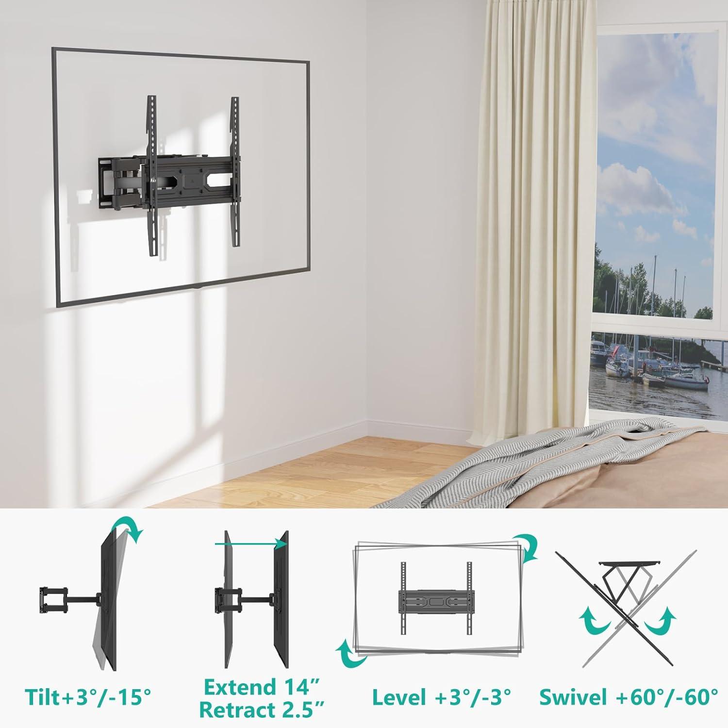 WALI TV Wall Mount for Most 32-70 inch Flat Curved TV, Full Motion Articulating Arm TV Bracket for LED, LCD, OLED Screen TVs up to 88lbs, Mounting Holes 400x400mm (FTM-2), Black