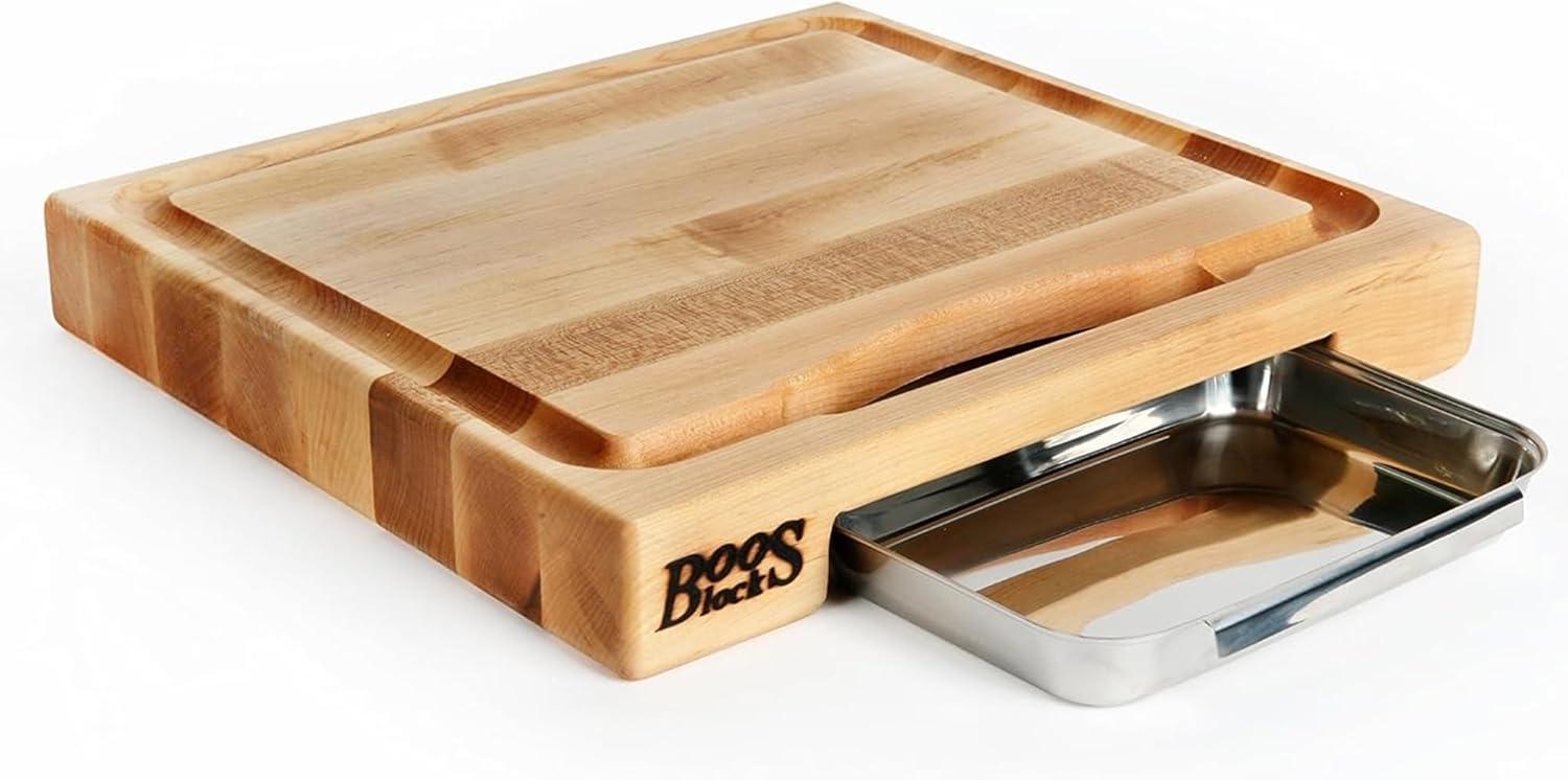 John Boos Boos Block Newton Prep Master Reversible Wood Cutting Board with Juice Groove and Pan, 2.25-Inch Thickness, 15" x 14" x 2 1/4", Maple