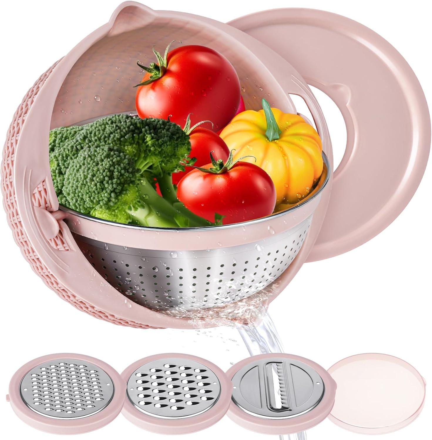 Pink 4-in-1 Stainless Steel Colander with Plastic Mixing Bowl Set