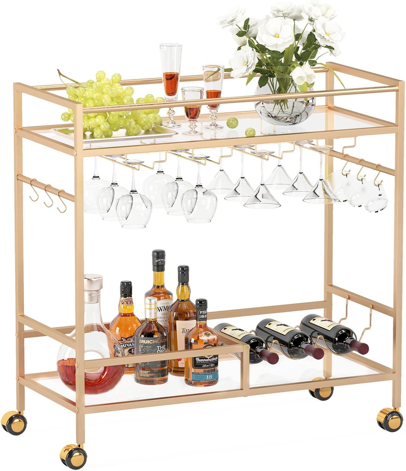 Gold Mirrored Glass Bar Cart with Wine Rack and Storage