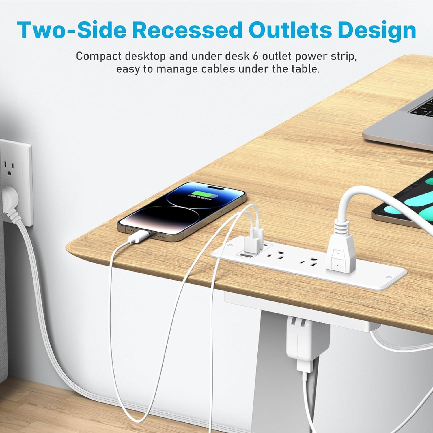 White 6-Outlet Recessed Power Strip with USB Ports and 6 ft Cord