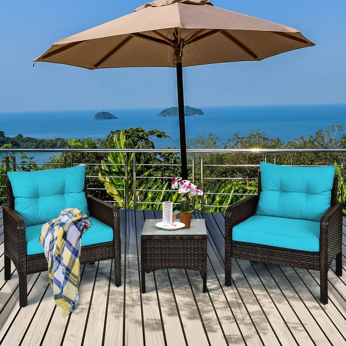 YYAo Garden Conversation Table Set, Conversation Loveseat Chairs Set, 3 Pcs Outdoor Patio Rattan Conversation Set with Seat Cushions-Turquoise