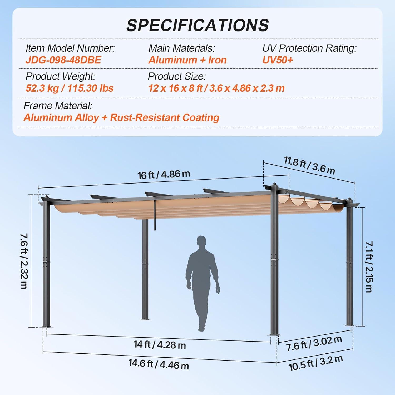 Beige Aluminum Outdoor Pergola with Retractable Canopy