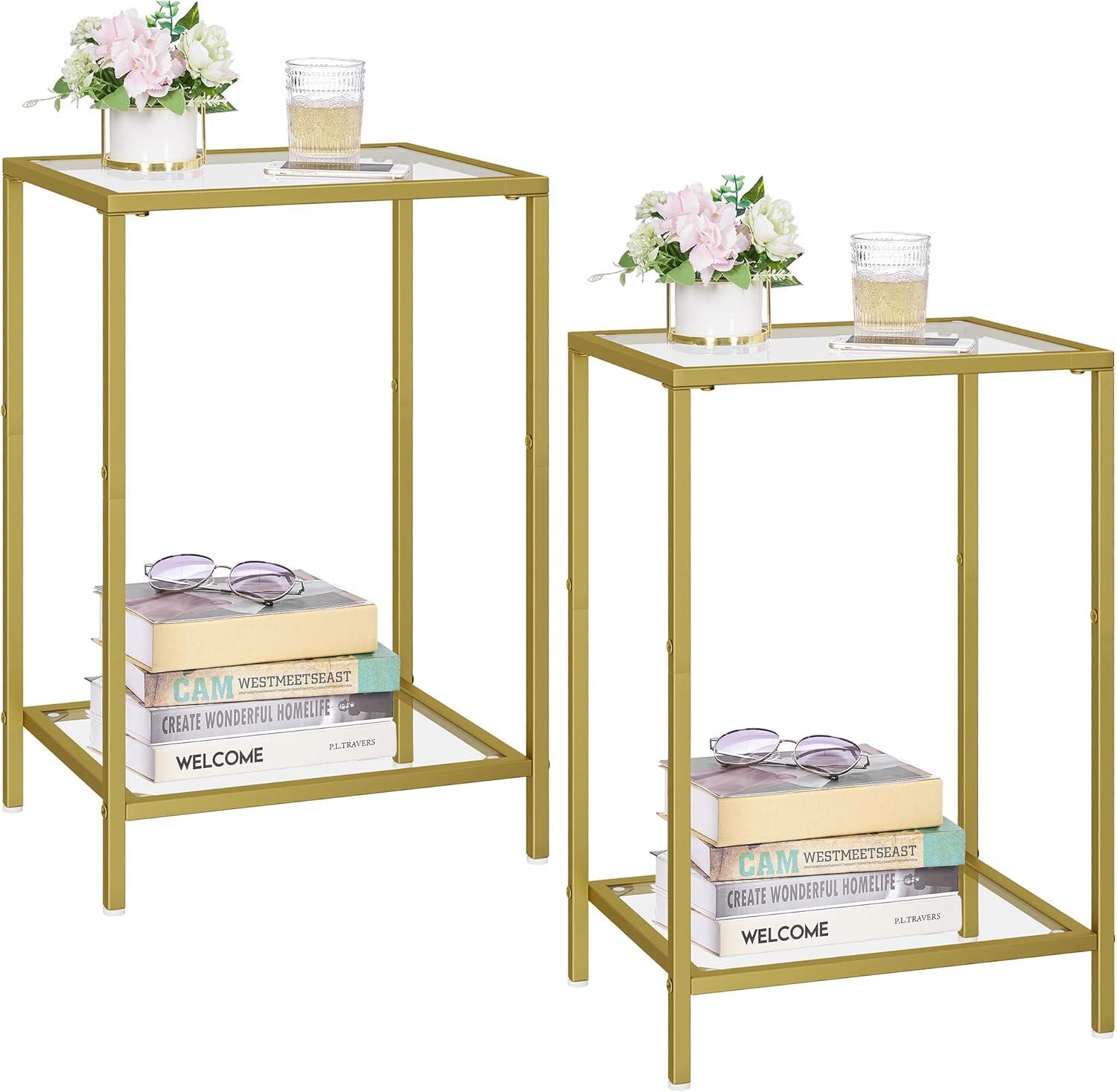 2-Pack Golden Side Tables - Tempered Glass & 2-Tier Shelves