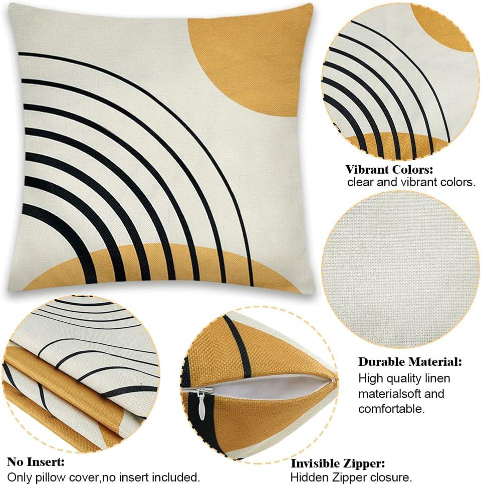 Thideape Pillow Covers 18x18 Inch Set of 4 Yellow Abstract Patterns Mid Century Modern Simple Geometric Circle Black Stripe and Gold Throw Pillows Decorative Home Decor Couch Sofa Bedroom Outdoor