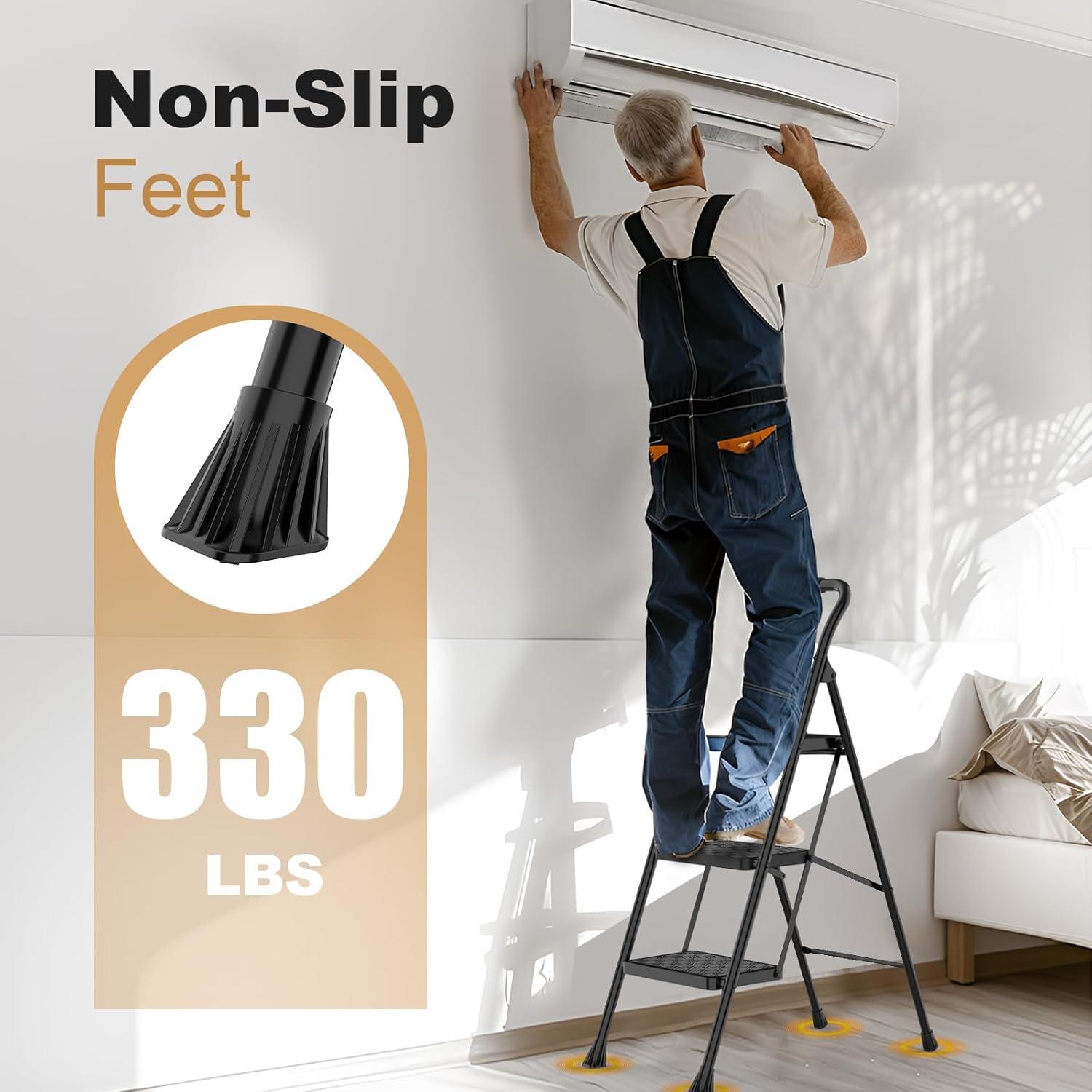 Black Folding 3-Step Ladder with Cushioned Handle