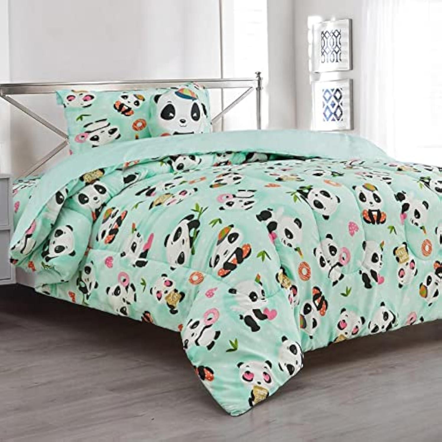 Panda Print Twin Size Girls' Comforter Set with Decorative Pillow