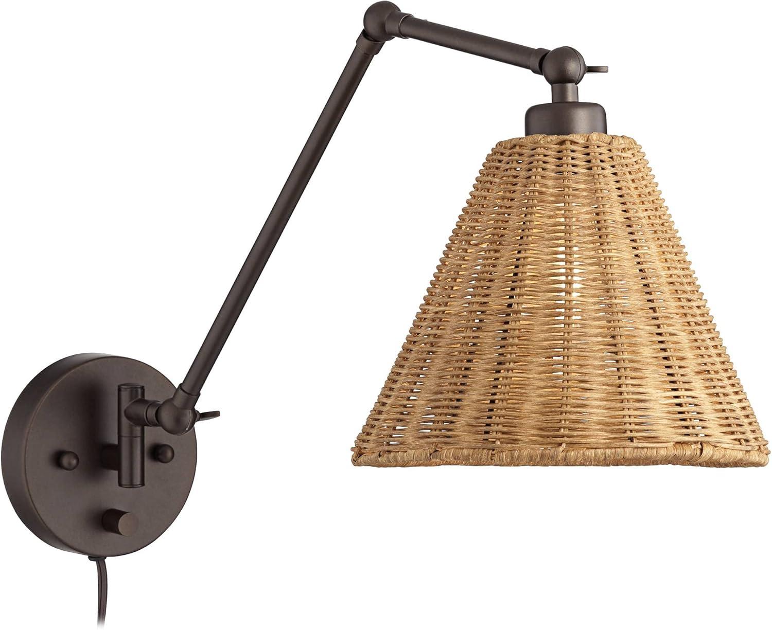 Bronze Mid Century Modern Swing Arm Wall Lamp with Natural Rattan Shade