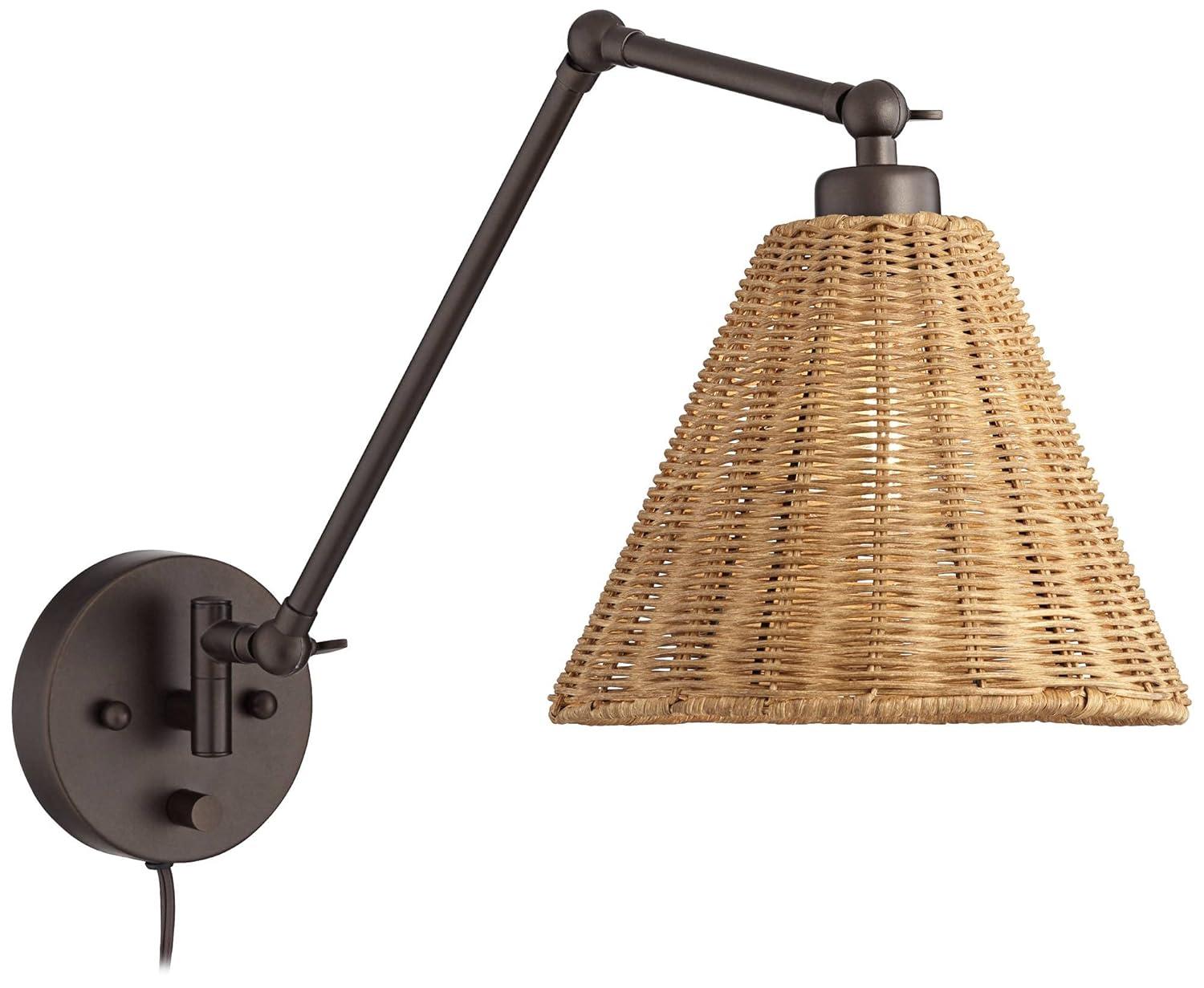 Barnes and Ivy Mid Century Modern Swing Arm Wall Lamps Set of 2 Bronze Plug-In Light Fixture Natural Rattan Shade for Bedroom Bedside House