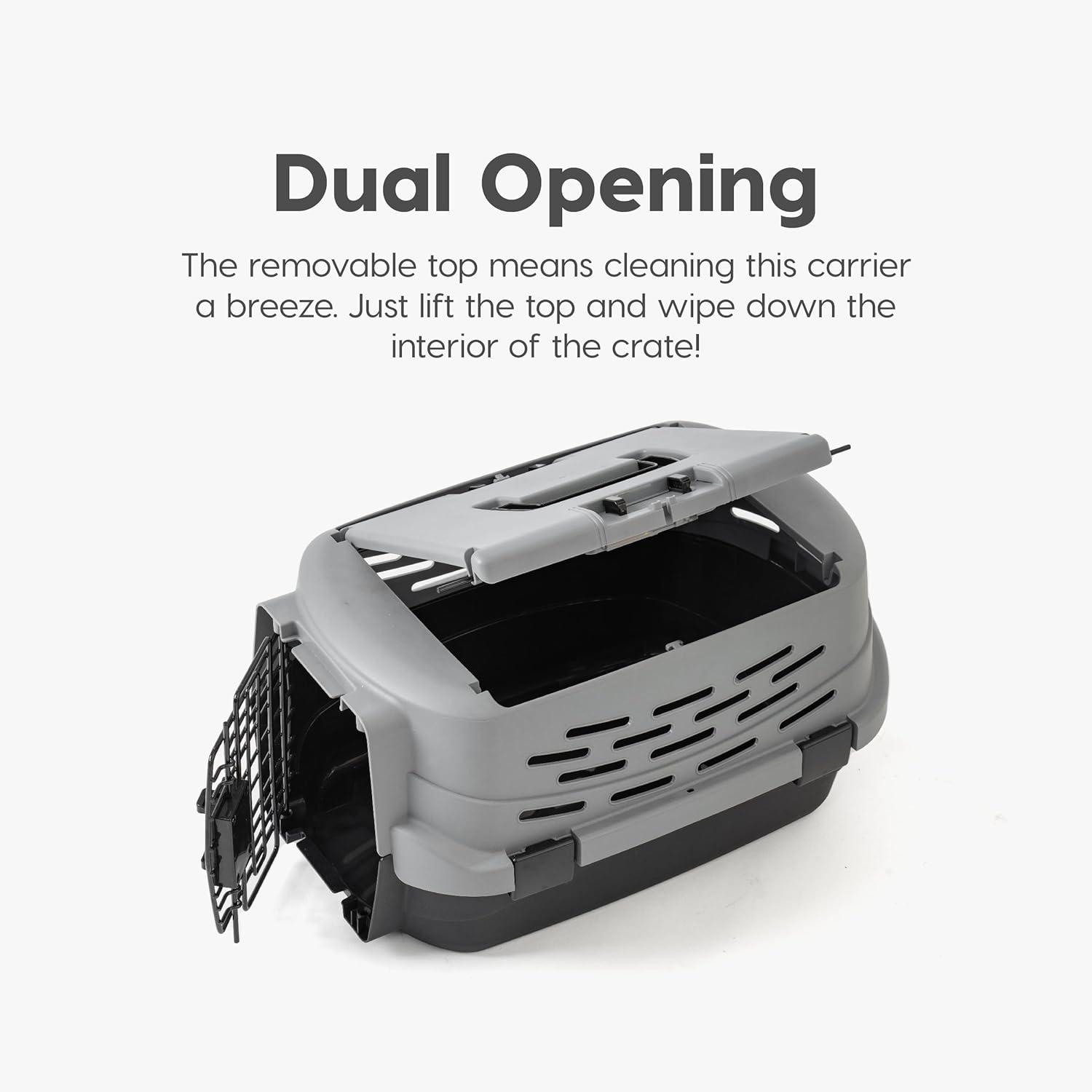 IRIS USA 23" Small Pet Travel Carrier with Front and Top Access, 2-Door Top Load, Hard-Sided Training Crate for 18 Lbs, Black/Gray