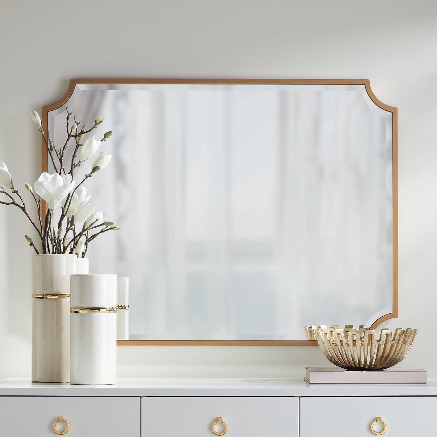 Noble Park Jacinda Rectangular Vanity Decorative Wall Mirror Modern Beveled Rounded Cut Edge Gold Frame 30" Wide for Bathroom Bedroom Living Room Home
