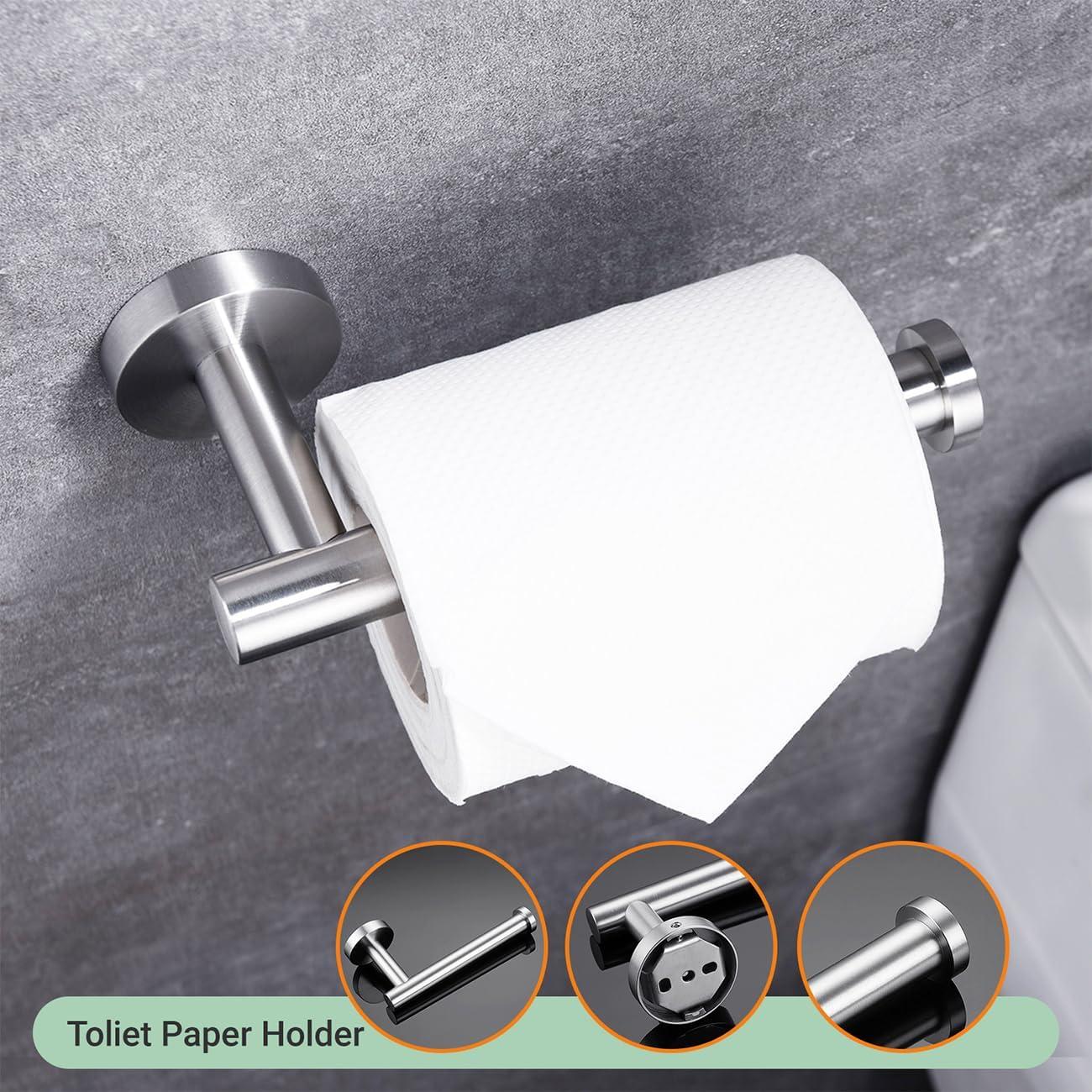 4-Piece Bathroom Accessories Set Brushed Stainless Steel Wall Mount - Includes Double Towel Bar, Hand Towel Rack, Toilet Paper Holder, Robe Hooks, BS100S4-BN