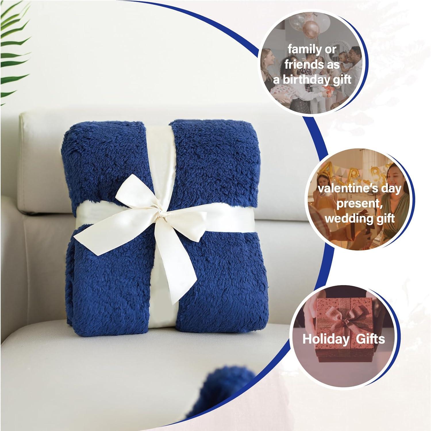 My World Cloud Faux Shearling Throw Blanket Navy: Sensory Friendly, Knitted Polyester, Machine Washable