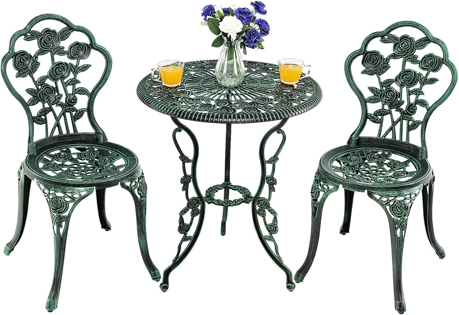 HAPPYGRILL 3-Piece Outdoor Bistro Set Rust-Resistant Cast Aluminum Table and Chairs with Elegant Rose Pattern, Outdoor Furniture Set with 1.9” Umbrella Hole for Balcony Backyard Garden Deck