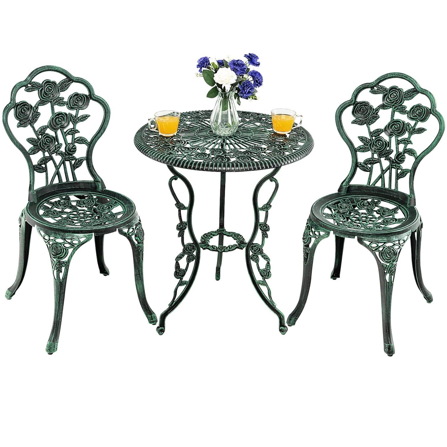 HAPPYGRILL 3-Piece Outdoor Bistro Set Rust-Resistant Cast Aluminum Table and Chairs with Elegant Rose Pattern, Outdoor Furniture Set with 1.9” Umbrella Hole for Balcony Backyard Garden Deck