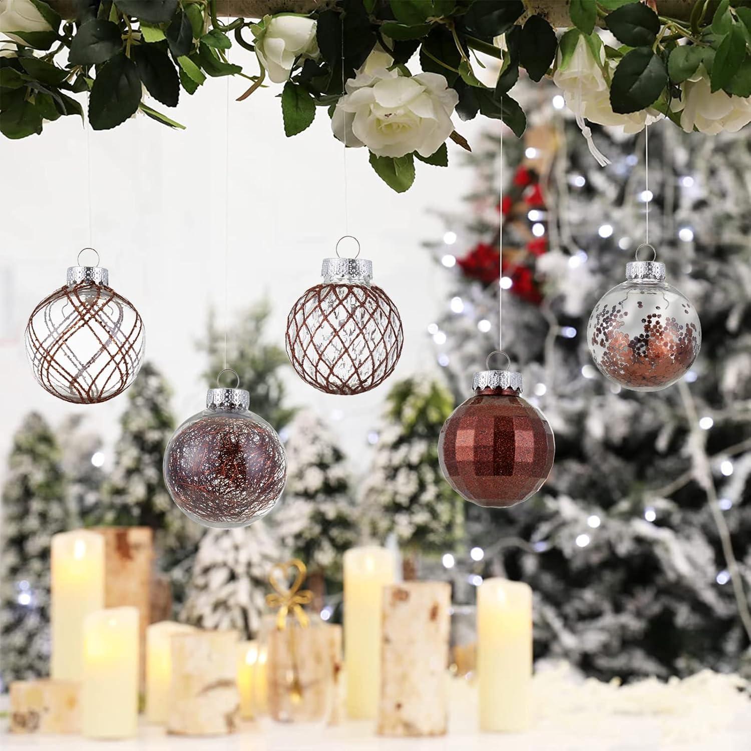 30ct Christmas Ball Ornaments-60mm/2.36" Shatterproof Clear Plastic Xmas Balls Baubles Set with Stuffed Delicate Sparkling, Hanging Christmas Tree Decorations (Rose Gold)