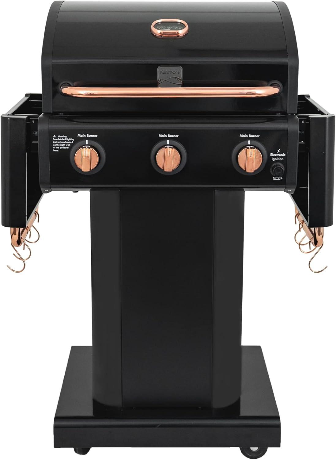 Kenmore 3-Burner Propane Gas Grill with Foldable Side Tables for Outdoor BBQ