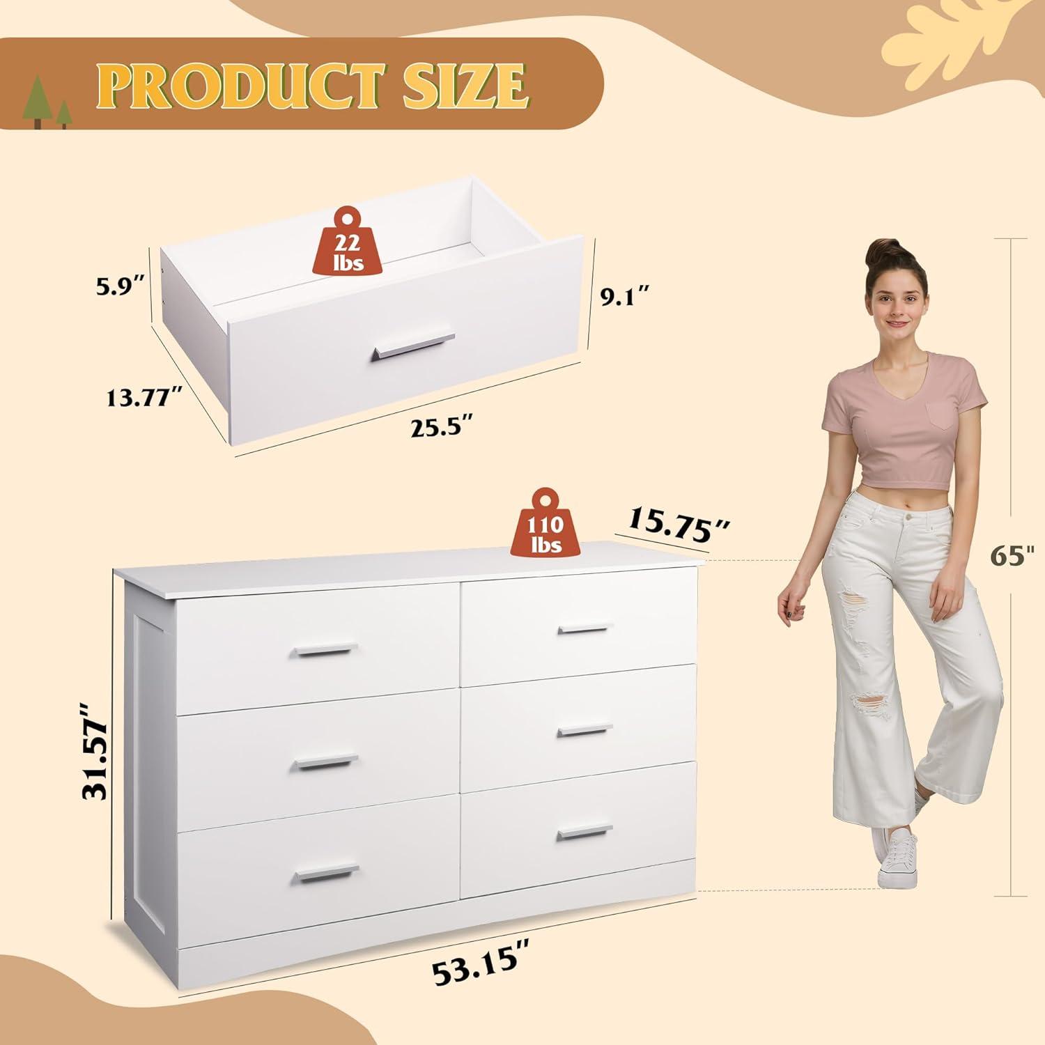 Miekor 6 Drawer Double Dresser for Bedroom, Wide Storage Cabinet for Living Room Home Entryway, White G6054