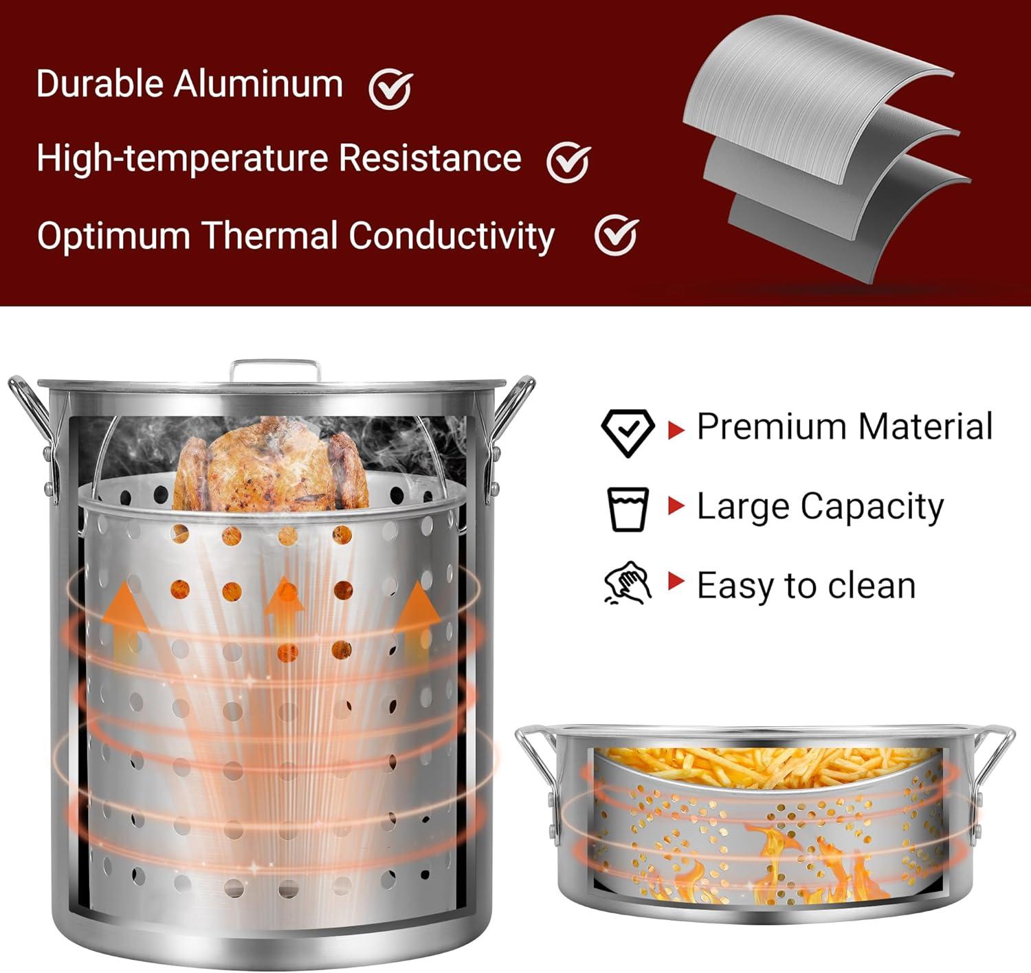 30 Qt Turkey Deep Fryer & 10QT Fish Fryer Kit w/Baskets,Aluminum Fish & Seafood Boiler Steamer with 54,000 BTU Propane Gas Burner Stand Injector Thermometer Hose