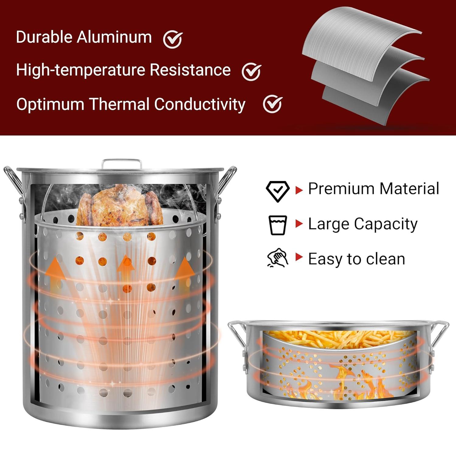Outvita 30 Qt Turkey Deep Fryer & 10QT Fish Fryer Kit w/Baskets,Aluminum Fish & Seafood Boiler Steamer with 54,000 BTU Propane Gas Burner Stand Injector Thermometer Hose, Ideal for Outdoor Fry