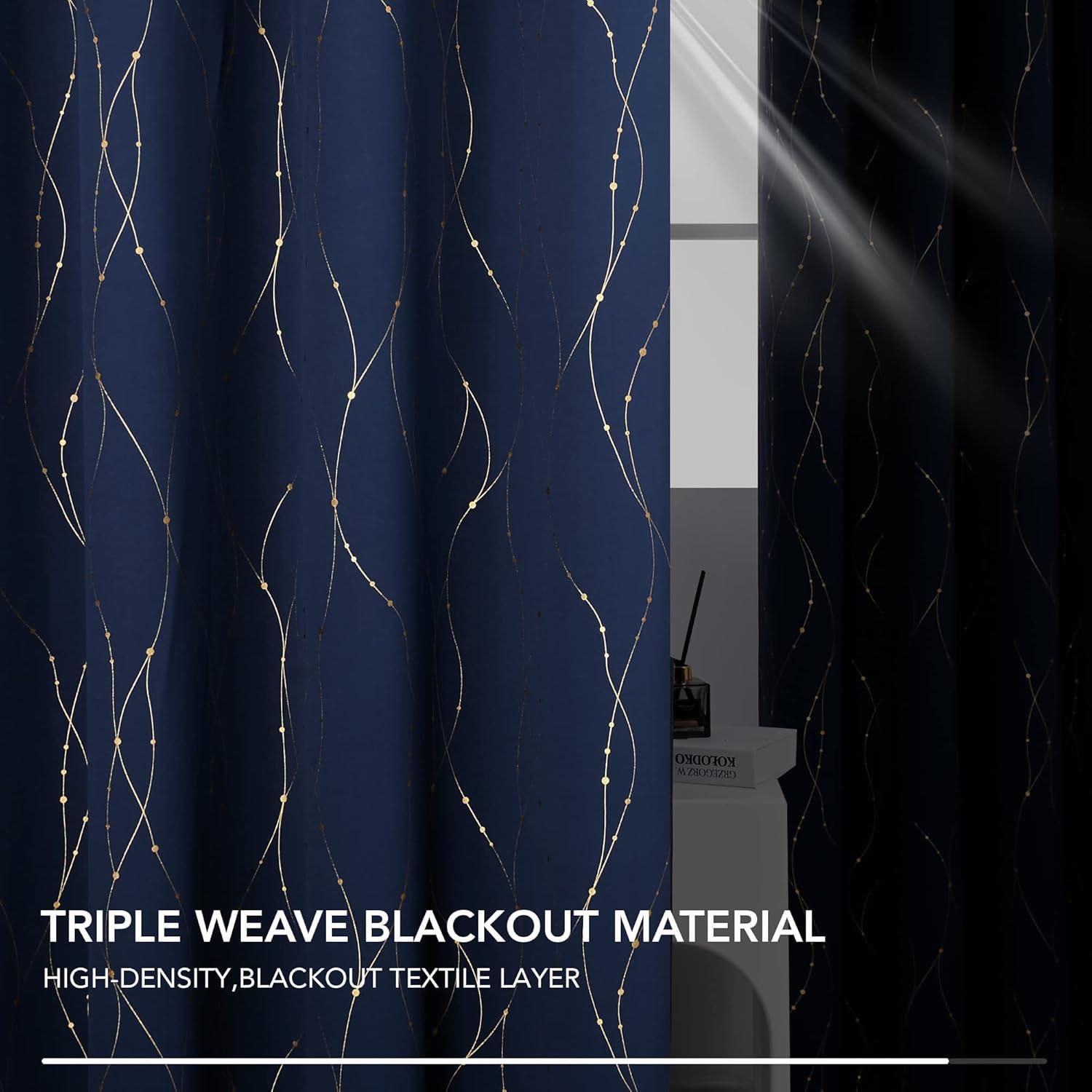 Deconovo Room Darkening Blackout Curtains, Navy Blue, 42W x 45L Inch, Gold Foil Printed Wave Line and Dots Pattern Grommet Window Drapes